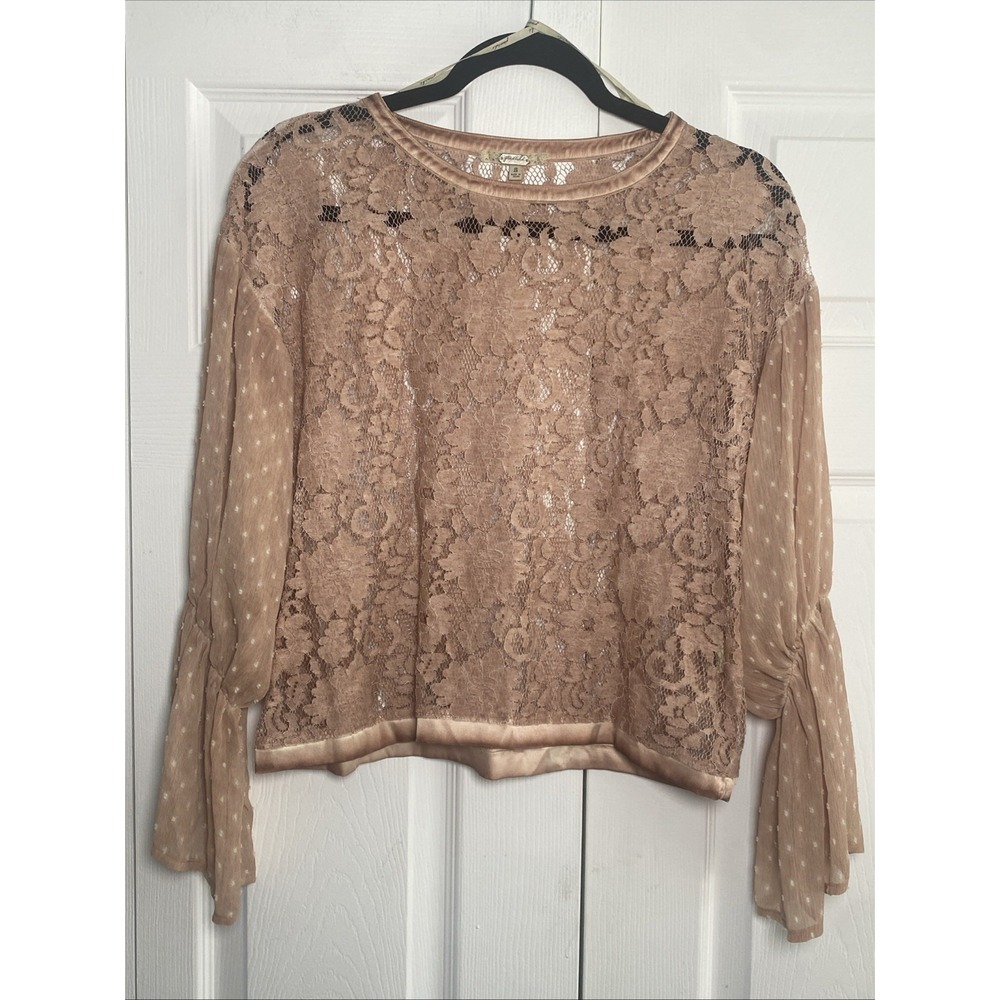 Gimmicks BKE Lace Bell Sleeve Blouse Womens Size S Pink Boho Swiss Dot